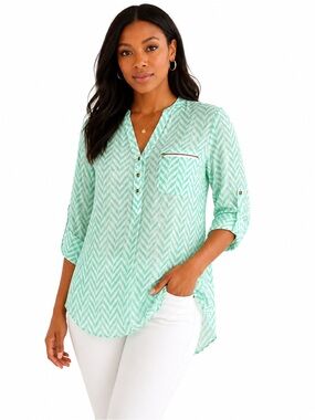 Cals Green White Chevron Tunic Blouse Zip Pocket High Low Hem M